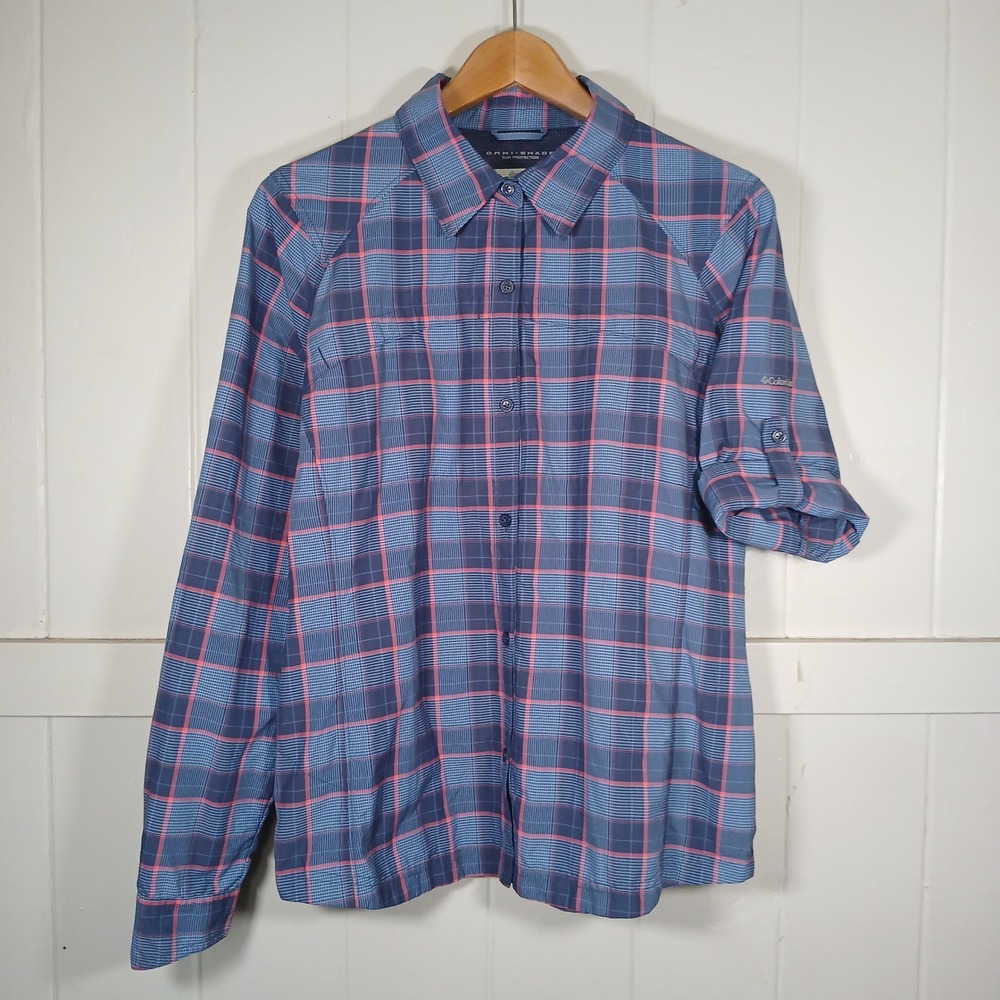 Columbia Omni-Shade Sun Protection Button Up Shirt Women XL Blue Pink AL7077